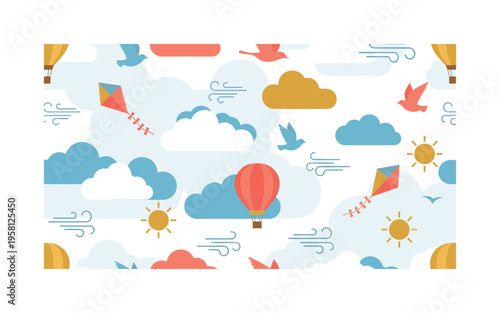 blue sky and clouds seamless pattern, fluffy clouds, flying birds, hot air balloons, kites, sun icons and wind lines arranged in a repeating pattern, white