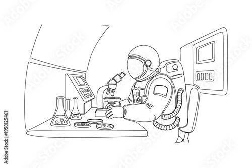 Cosmic Research Experiment. Minimalistic one-line drawing astronaut conducting experiment inside spacecraft analyzing effects on human cells, continuous single