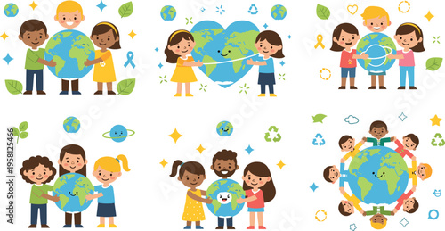 Diverse kids hugging earth set with global unity, friendship and environmental awareness, world children cartoon vector illustration collection