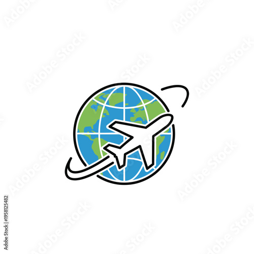 Airplane flying around the globe fast.