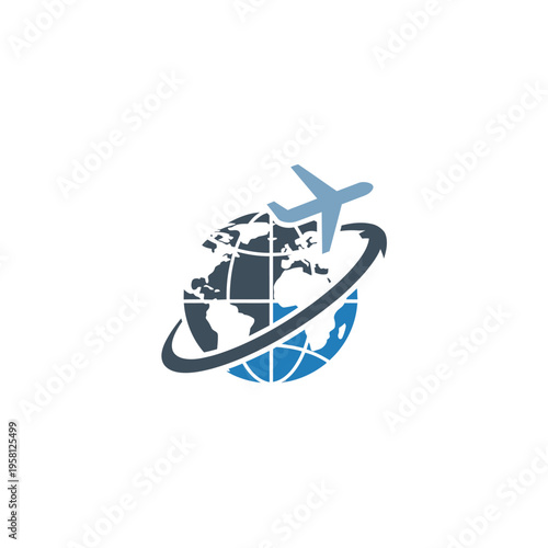 Airplane flying around the world globe.