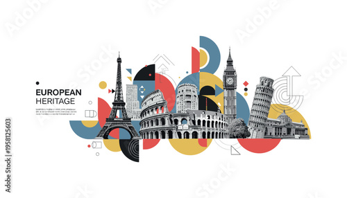 famous European landmarks, geometric semicircles arrows and abstract shapes illustrating culture and history, black and white retro realistic landmarks layered