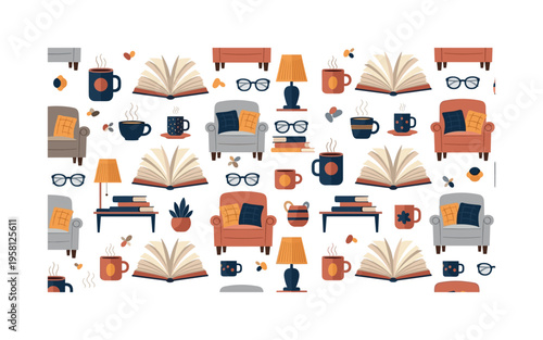 Book lovers living room seamless pattern, open books armchairs mugs glasses and small lamps arranged in a repeating pattern, white background with terracotta