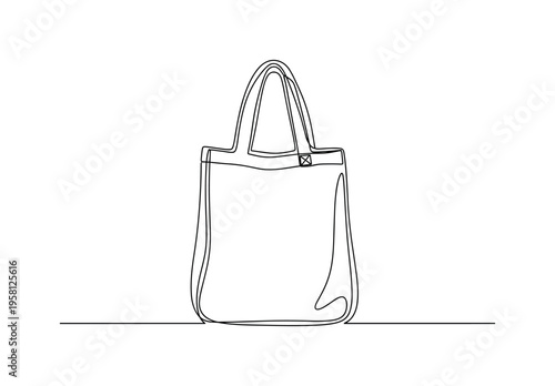 Green Living Bag. Minimalistic one-line drawing reusable bag silhouette with simple handles and balanced form, continuous single black line on white