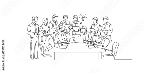 Innovation Brainstorm Team. Minimalistic one-line drawing group of professionals exchanging ideas in collaborative workspace, continuous single black line on