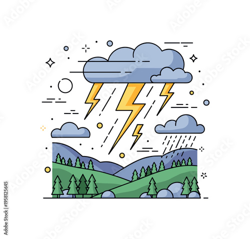 Lightning bolts streaking across a stormy sky above a forested valley, clouds swirling ominously and rain beginning to fall, emphasizing energy, tension, and
