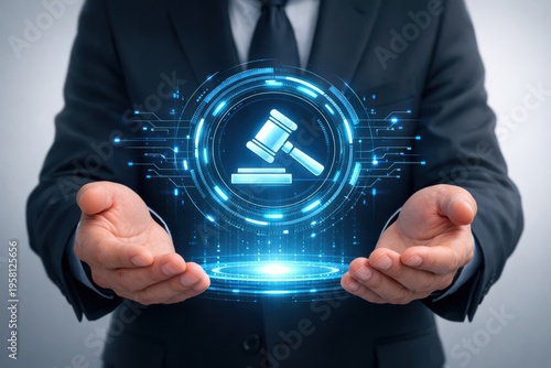 Digital Law's Embrace: A symbol of law and order, a professional figure presents a digital gavel hovering above hands, highlighting modern legal concepts.
