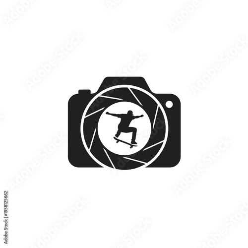 Black and white skateboarder camera icon.