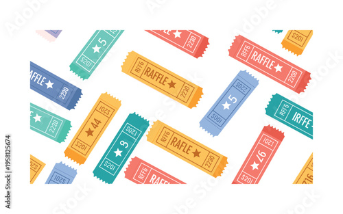 raffle ticket stubs seamless pattern, repeating pattern, surface design, textile print, soft color palette, modern illustration, flat vector raffle ticket