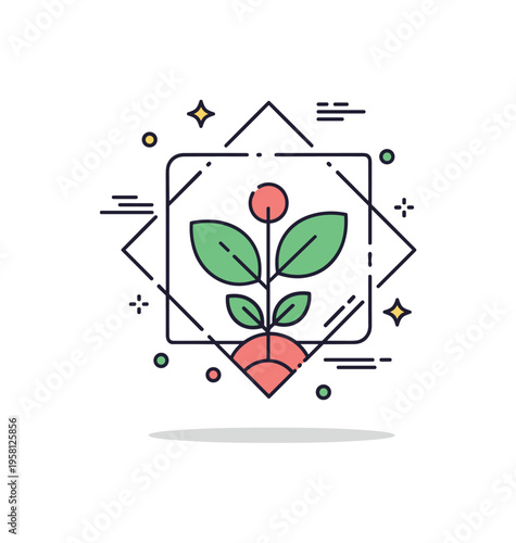 Sustainable brand identity mark featuring a stylized plant growing inside a simple geometric frame to represent growth, responsibility, and eco conscious