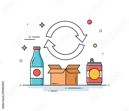 Circular economy concept arrows forming a clean loop around everyday objects like a bottle, box, and can symbolizing continuous reuse of materials. The scene