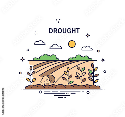 Drought depicted by a farm field with dry soil, withered crops, and a distant sun, illustrating agricultural impact and environmental concern. Minimalist flat