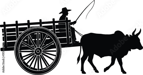 Traditional bullock cart silhouette, farmer driving ox wagon with wooden wheels, rural agriculture transport, vintage cattle drawn carriage vector illustration.