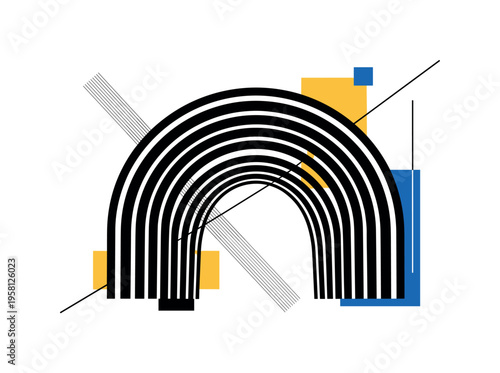 black and white arch made of expanding geometric circles illustrating spatial range, cut-out collage object with white outline, thin diagonal lines and