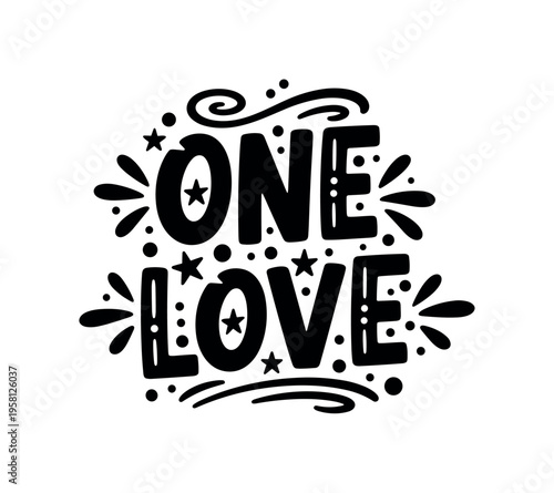 One Love. lettering and all elements in black. Vector style. AWhite background. Pure white background. Perfect isolation and visual consistency. Bold