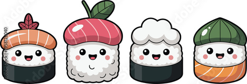 Cute sushi cartoon characters set, kawaii Japanese food icons with smiling faces, rice rolls illustration for kids isolated on white background