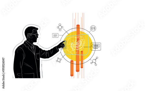 Black and white technician silhouette interacting with holographic organ blueprint, yellow circle centered behind hologram, orange abstract cylinders and thin