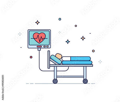 Hospital care and recovery patient monitoring concept centered on a small heart monitor screen connected to a resting patient bed. The symbolic composition