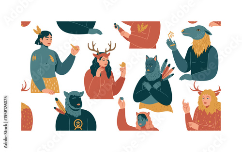 Spirit animal humanoids seamless pattern, symbolic creatures with human expressions and animal bodies feathers and antlers arranged in a repeating pattern,
