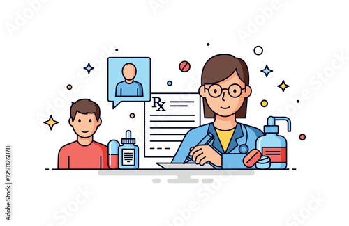 Healthcare prescription process doctor filling out a prescription form while a patient icon and medicine symbols appear nearby. The composition represents the