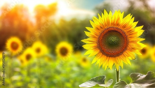 Vibrant sunflowers blooming in a vast field under the bright summer sun with a soft bokeh effect