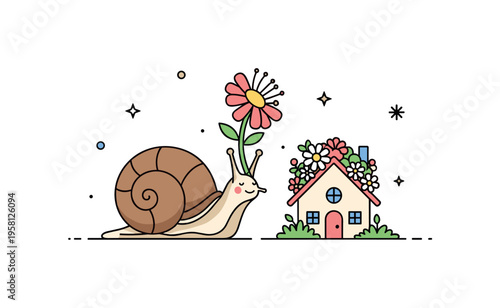 Snail carrying flower home friendly snail with a tiny house shell covered in flowers creating a peaceful whimsical nature moment. Minimalist flat vector