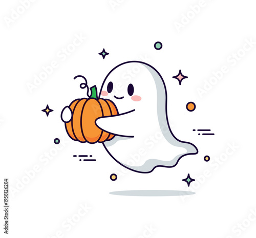 Ghost hugging pumpkin playful ghost cuddling a small pumpkin while floating softly in a friendly Halloween themed moment. Minimalist flat vector illustration,