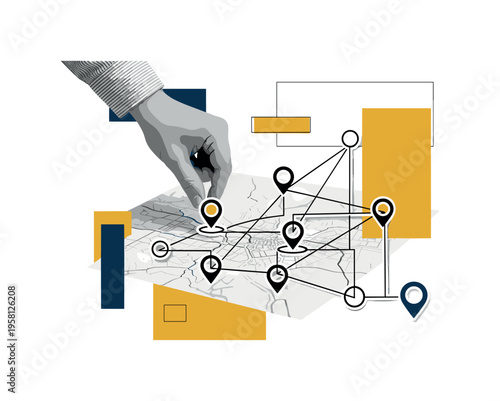 black-and-white emergency map with a retro hand placing markers on locations, geometric circles and lines linking the markers to represent coordinated response