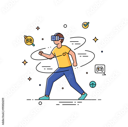 Virtual reality fitness activity featuring a person exercising with a VR headset while dynamic motion lines and icons appear around them. The scene suggests