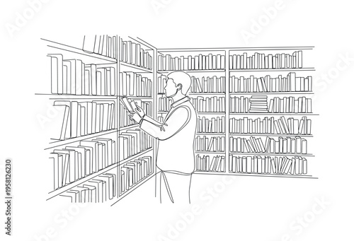 Library Scene. Minimalistic one-line drawing person browsing bookshelves filled with books representing literacy promotion, continuous single black line on