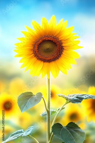Stunning Vibrant Sunflower Bloom in a Bright Sunny Field with a Beautiful Agricultural Landscape