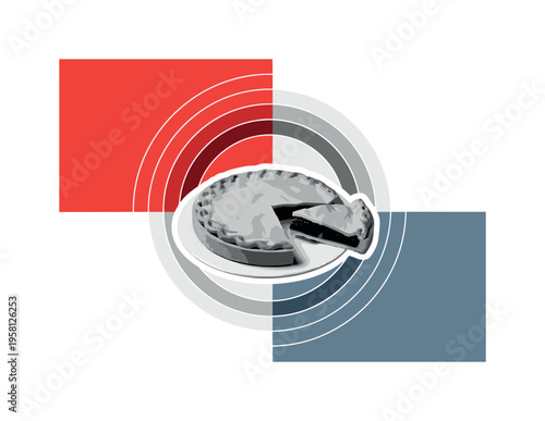 black and white sliced pie on a plate with one slice slightly pulled away, realistic object with white cut-out outline, circular geometric rings radiating from