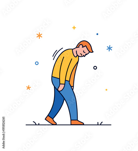 Low energy body posture figure walking slowly with slumped shoulders and head slightly lowered showing signs of tiredness and reduced energy. The scene