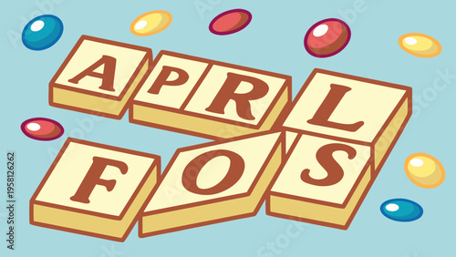 A vibrant illustration displays the text april fools day constructed from colorful candy blocks surrounded by scattered sweets high-quality professional detailed modern elegant stylish clean