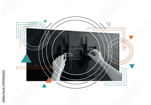 black and white hands attaching mounting arms to the back of a television, white contour outline around the TV and bracket arms, layered circular halos and