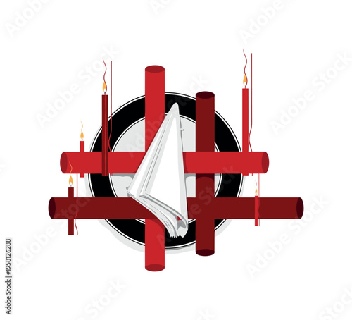 Black and white dinner plate with folded napkin shaped elegantly, intersected by deep red cylindrical shapes and thin vertical lines suggesting candlelight