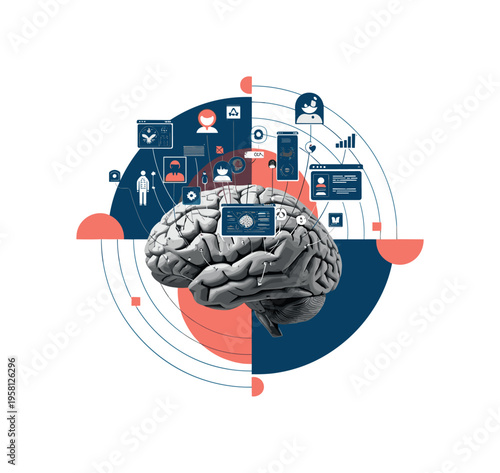 monochrome brain with small digital avatars and interface icons emerging from neural connections, layered semicircles and geometric rectangles