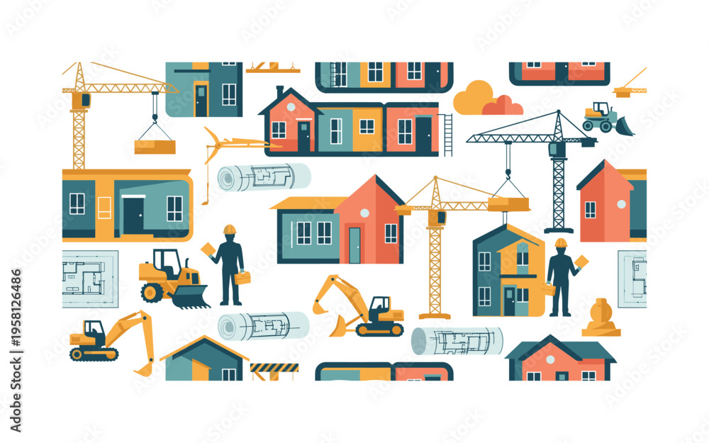 Fototapeta premium modular urban homes seamless pattern, prefabricated housing units, workers, cranes, construction vehicles and blueprints arranged in a repeating pattern, white