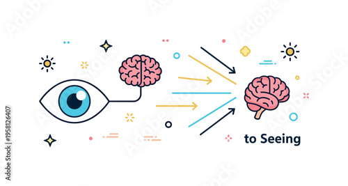 Human vision system overview a stylized eye connected to a small brain icon while light rays and arrows illustrate the full pathway of seeing from light to