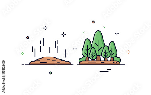 Deforestation recovery initiative showing a barren ground patch transitioning into a small green forest cluster, symbolizing restoration and resilience. The