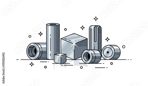 Shiny metal objects arranged around a central metallic cube reflecting soft highlights. The scene symbolizes modern materials used in technology and