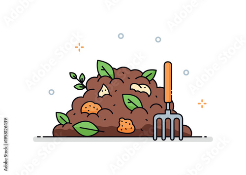 Garden compost mound a compact pile of organic compost with leaves and plant scraps visible while a small gardening fork rests beside it representing eco