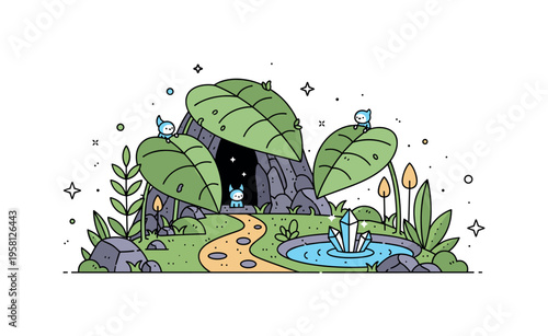 Hidden valley sanctuary where a small winding path leads through lush magical plants toward a glowing crystal pond while tiny enchanted creatures peek from