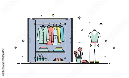 Spring wardrobe refresh open wardrobe with light colored clothing and small flower accents suggesting the seasonal change toward brighter and lighter outfits.