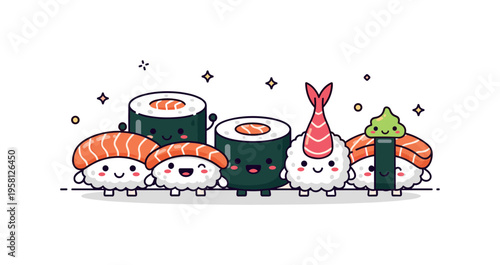 Cute sushi characters playful sushi pieces with tiny smiling faces standing together like a friendly group, turning classic sushi shapes into cheerful food