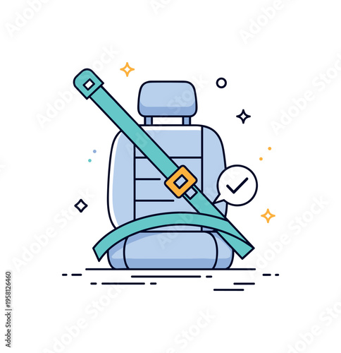 Seat belt safety reminder depicted by a simplified car seat with a clearly fastened belt and a small checkmark accent, expressing responsible driving habits.