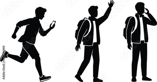 Young man silhouette collection, guy running with smartphone, walking with backpack waving hand, standing and talking on mobile phone vector.