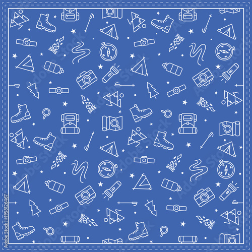 Seamless outdoor hiking pattern on blue background. Camping line icons of mountains, boots, and gear. Perfect for bandana, handkerchief, neck gaiter, headwear, or travel accessories design.
