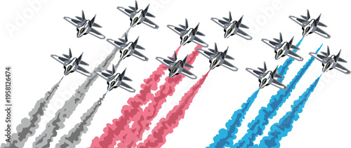Fighter jet formation silhouettes with colorful smoke trails, military aircraft squadron flying in sky, airshow aviation illustration isolated on white background