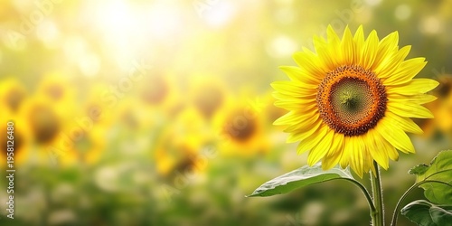 Vibrant Sunflower Illuminated by Golden Light on a Blurred Natural Landscape Background
